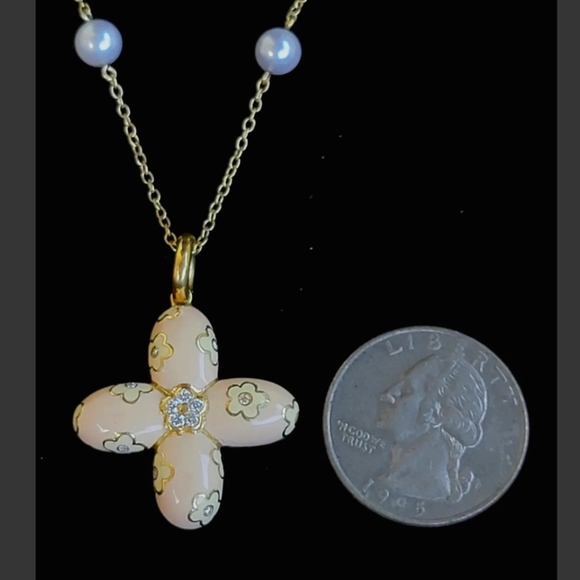 Aaron Basha 18k Gold Diamond Enamel Cross Pendant-14k Gold Pearl Necklace 20.6gm
